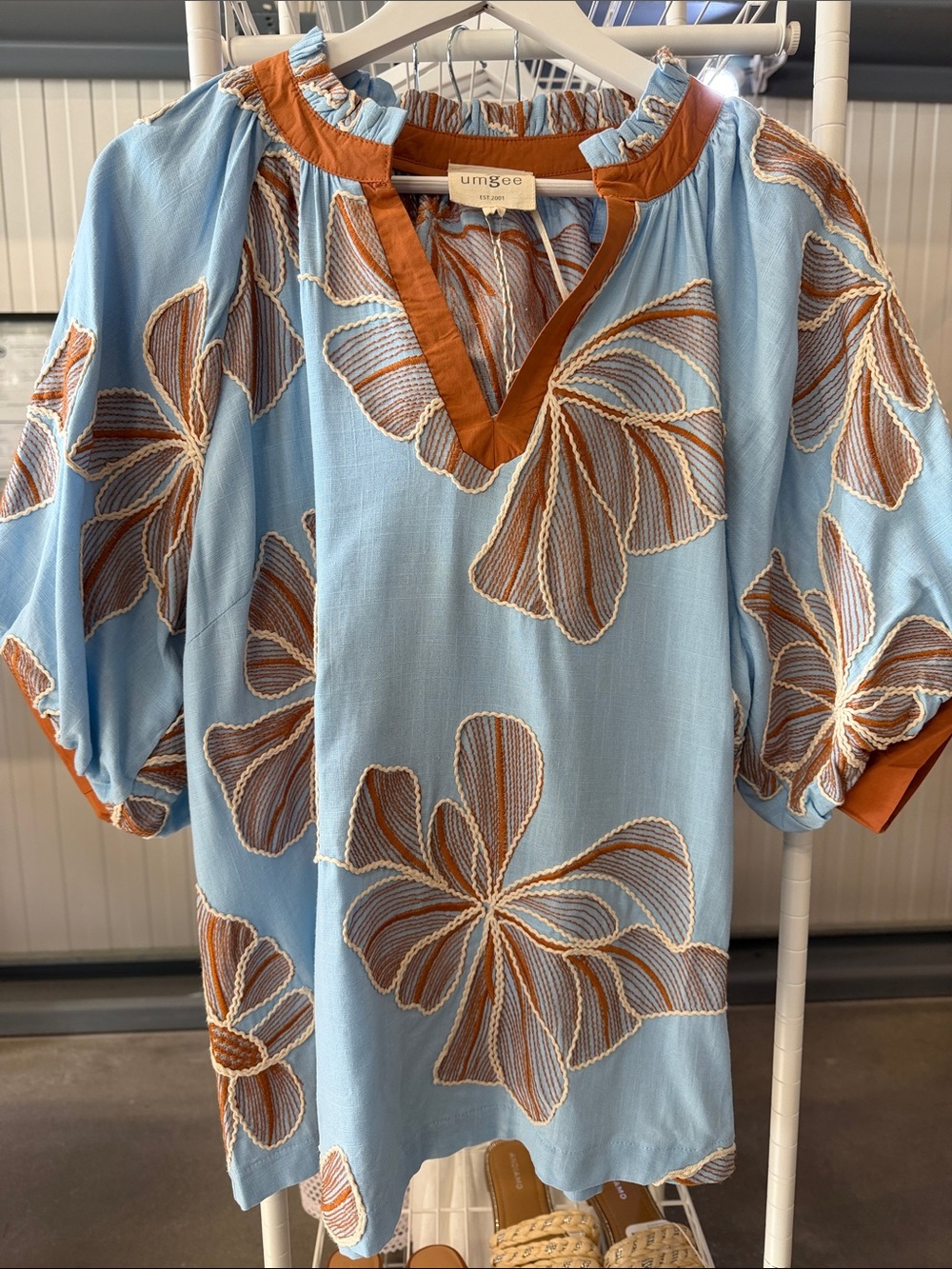 Umgee Sky Blue Floral Embroidered Tunic with Rust Trim